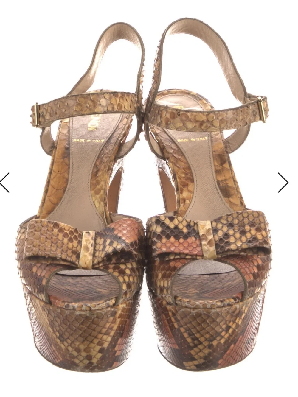 Fendi Brown and Tan Snake-Print Platform Sandal with Ankle Strap